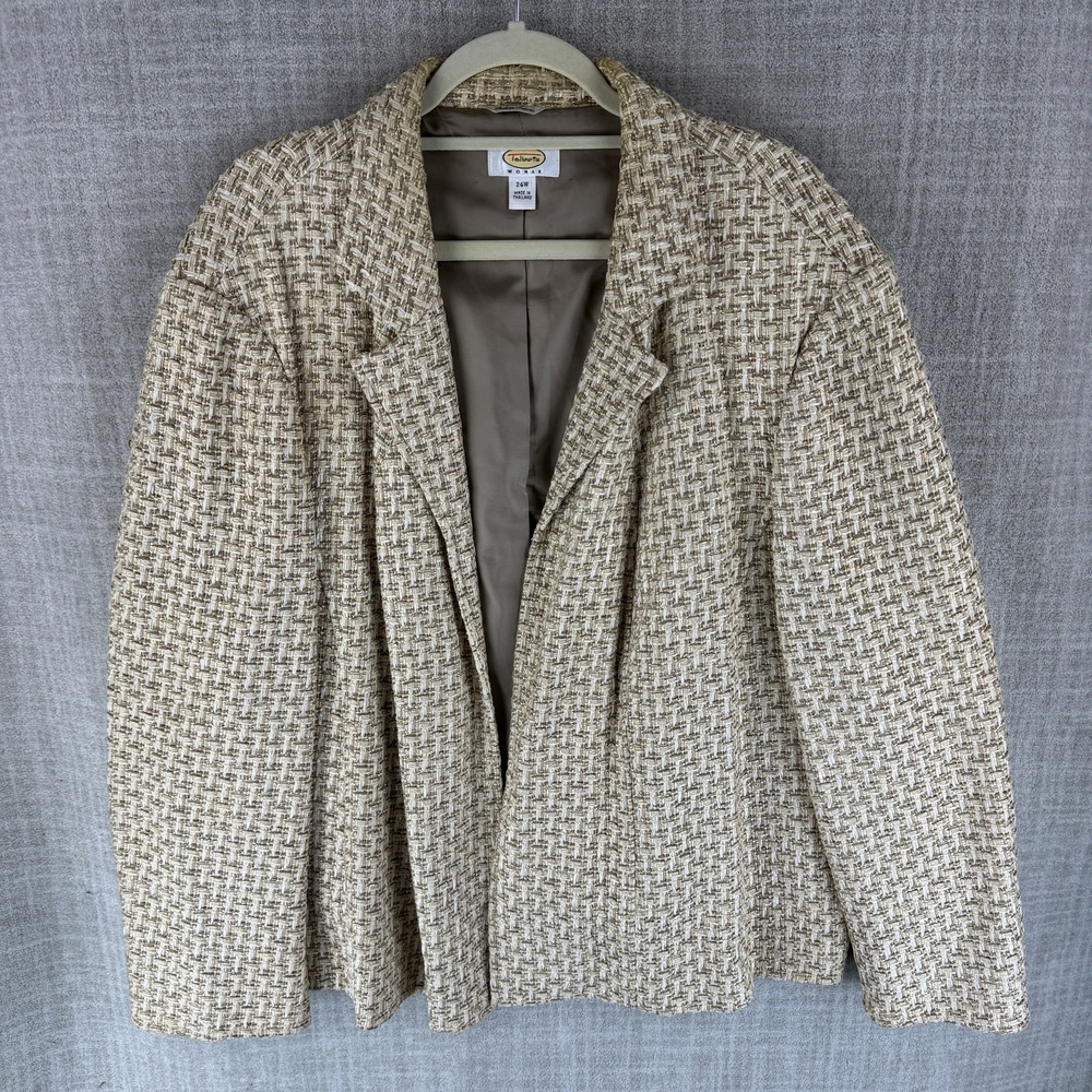 Talbots Blazer Womens 24W Beige Tweed Collared Open Short Relaxed Glitter